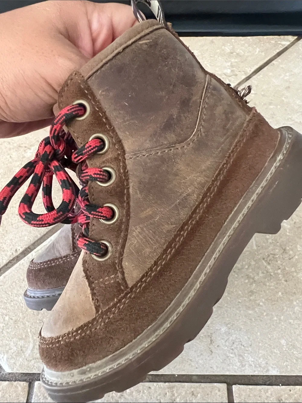 UGG Brown Kids High-Top Boots with Red & Black Laces